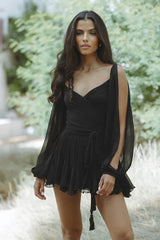Layla Mini-Kleid Mit V-Ausschnitt und Romantischen Ballonärmeln – Feminine Eleganz Für Jeden Anlass – Schwarz