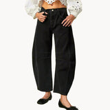 Thea - vintage-waschungs-damenhose mit kniestreifendetail – Schwarzer Panther