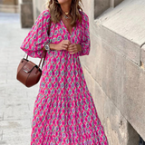 Rosa | Damen Boho Maxi-Kleid Puffärmel V-Ausschnitt Muster – Fuchsia