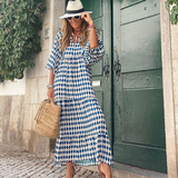 Rosa | Damen Boho Maxi-Kleid Puffärmel V-Ausschnitt Muster – Blau