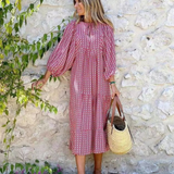Rosa | Damen Boho Maxi-Kleid Puffärmel V-Ausschnitt Muster – Rosa