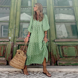 Rosa | Damen Boho Maxi-Kleid Puffärmel V-Ausschnitt Muster – Hellgrün