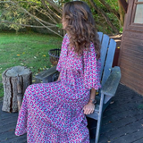 Rosa | Damen Boho Maxi-Kleid Puffärmel V-Ausschnitt Muster – Lila Blau