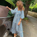 Rosa | Damen Boho Maxi-Kleid Puffärmel V-Ausschnitt Muster – Himmelblau