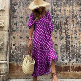 Rosa | Damen Boho Maxi-Kleid Puffärmel V-Ausschnitt Muster – Lila