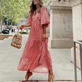 Rosa | Damen Boho Maxi-Kleid Puffärmel V-Ausschnitt Muster – Rot