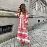 Rosa | Damen Boho Maxi-Kleid Puffärmel V-Ausschnitt Muster – Bordeaux