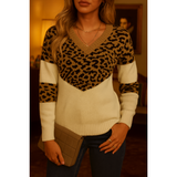 Modischer Strickpullover für Damen | V-Ausschnitt – Leoparden