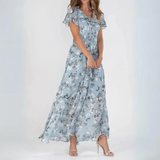 Chiffon Maxikleid mit V-Ausschnitt & floralem Muster – Elegant & Luftig – Hellblau