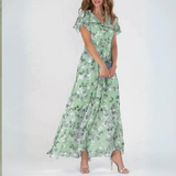 Chiffon Maxikleid mit V-Ausschnitt & floralem Muster – Elegant & Luftig – Grün