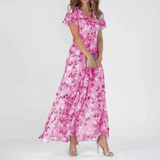 Chiffon Maxikleid mit V-Ausschnitt & floralem Muster – Elegant & Luftig – Rosa