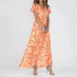 Chiffon Maxikleid mit V-Ausschnitt & floralem Muster – Elegant & Luftig – Orange