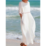 Damen Lose Bestickt Rundhalsausschnitt Kleid | Maxi – Weiß