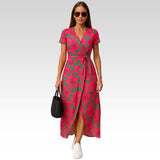 Eva | Stilvolles V-Ausschnitt-Kleid – Rosa und Grün