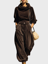 Skaidre - Vintage Samt Kapuzenpullover Und Lockere Hose Im Set – Kaffee