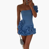 Elegantes Satin-Rüschendress für Frauen - Einseitig Schulterfrei – Blau