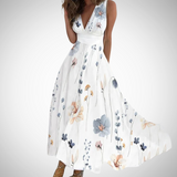 Via | Damen Maxi-Kleid Blumenprint V-Ausschnitt Ärmellos – Blumig-weiß