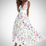 Via | Damen Maxi-Kleid Blumenprint V-Ausschnitt Ärmellos – Weiß Rosa