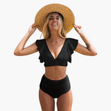 Bikini - Damen High Waist Zweiteiler mit Rüschenärmeln – Schwarz