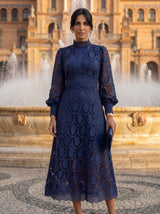 Maelle - Elegantes Langarm Kleid Aus Spitze – Dunkelblau