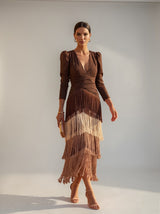 Rylanya – Elegantes Kleid Mit Fransen – Braun