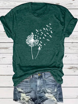 Vanessa | Lässiges T Shirt mit grafischem Löwenzahn Print – Dunkelgrün