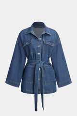 Damen Geknöpft mit Gürtel Lang Jeansjacke – Denim Blau