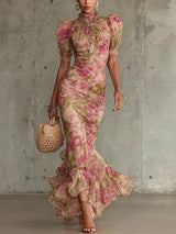 Mae | Retro Floral Puff Sleeve Maxi Kleid – Rosa