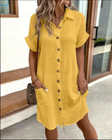Doriah – Strukturiertes Button-Down-Hemdkleid aus Baumwolle mit Tasche – Gelb