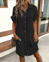 Doriah – Strukturiertes Button-Down-Hemdkleid aus Baumwolle mit Tasche – Schwarz