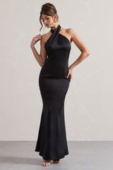 Karrie | Langes Neckholder-Kleid Satiniert – Schwarz