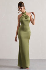 Karrie | Langes Neckholder-Kleid Satiniert – Grün