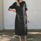 Adelie™ Baumwoll-Leinenkleid mit seitlichen Knöpfen und raffiniertem Schlitz / Bewegung und Eleganz in der richtigen Dosierung! – Schwarz