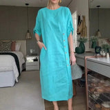 Adelie™ Baumwoll-Leinenkleid mit seitlichen Knöpfen und raffiniertem Schlitz / Bewegung und Eleganz in der richtigen Dosierung! – Cyan