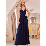 Damen Kleid Maxi | V-Ausschnitt und fließender Saumabschluss – Marine Blau