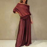 Nysa™-Set mit Satinhose und Bluse aus hochwertigem Strickstoff / Gemütlichkeit und Eleganz mit dezentem Luxus. – Wein