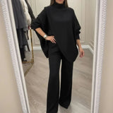 LyraKnit™ - Set aus Hochwertigem Strick mit Strukturierter Oversize-Bluse und Gerader Hose – Natürliche Eleganz! – Schwarz
