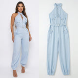 Dominna™ Jumpsuit aus Leichter Sarja im Raffinierten Cargo-Stil – Blau