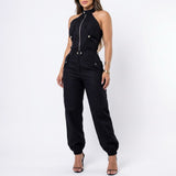 Dominna™ Jumpsuit aus Leichter Sarja im Raffinierten Cargo-Stil – Schwarz