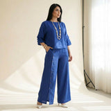 Roots™ Baumwoll-Leinen-Set mit Lockerem Oberteil und Eleganter Weit Geschnittener Hose – Blau