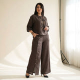 Roots™ Baumwoll-Leinen-Set mit Lockerem Oberteil und Eleganter Weit Geschnittener Hose – Kaffee