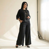 Roots™ Baumwoll-Leinen-Set mit Lockerem Oberteil und Eleganter Weit Geschnittener Hose – Schwarz