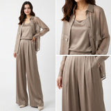 Seville Satin Touch™ 3-Teiliges Set mit Fließender Überwurfbluse und Weiter Hose – Khaki