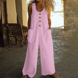 Lässiger Button-Up Jumpsuit mit weitem Bein und Taschen – Pink