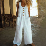 Lässiger Button-Up Jumpsuit mit weitem Bein und Taschen – Weiß