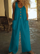 Lässiger Button-Up Jumpsuit mit weitem Bein und Taschen – Blau