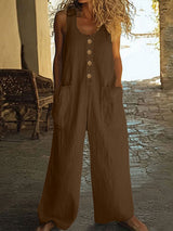 Lässiger Button-Up Jumpsuit mit weitem Bein und Taschen – Braun