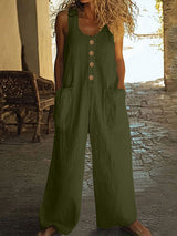 Lässiger Button-Up Jumpsuit mit weitem Bein und Taschen – Militärgrün