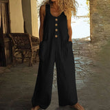 Lässiger Button-Up Jumpsuit mit weitem Bein und Taschen – Schwarz