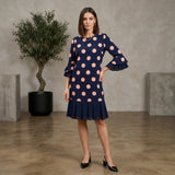 Cäcilia™ Klassisches Midikleid mit Volants – Blau mit Rosa Punkten